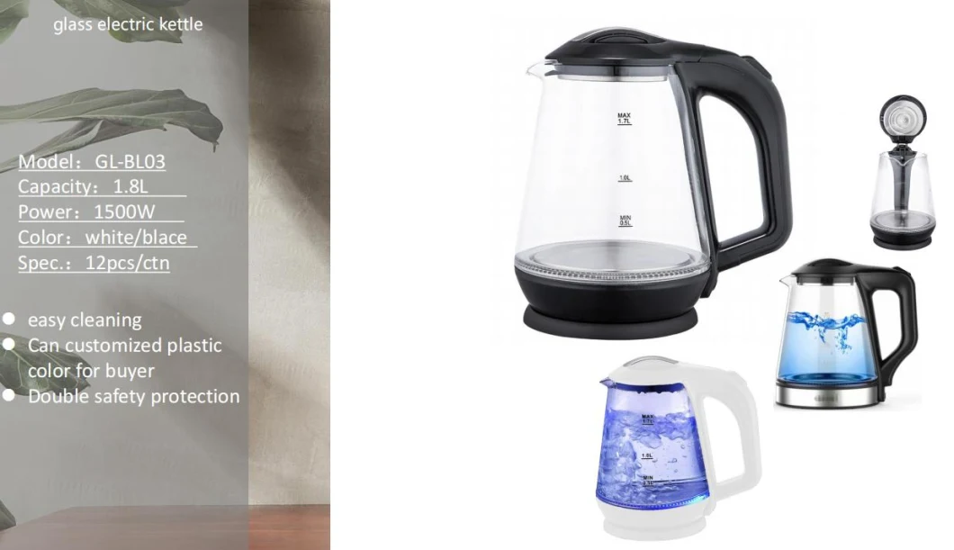 1.2L 1.8L Glass Electric Kettle for Fast Boiling Water for Kitchen Appliance